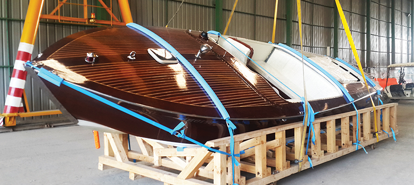 CEA Project Logistics - Packing and crating services - Speedboat lashed on wooden cradle by CEA