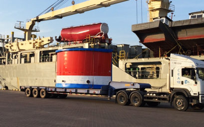 A CEA Project Logistics Truck And Trailer arrives at Laem Chabang port with breakbulk cargo
